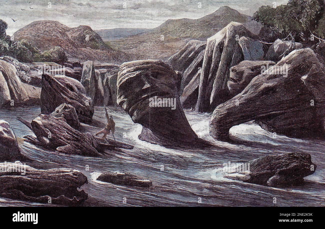 Rochers grossièrement sculptés sur le Nam ou, un affluent du Mékong au Laos; croquis et aquarelle d'Eugene Burnand (c.1882) Banque D'Images