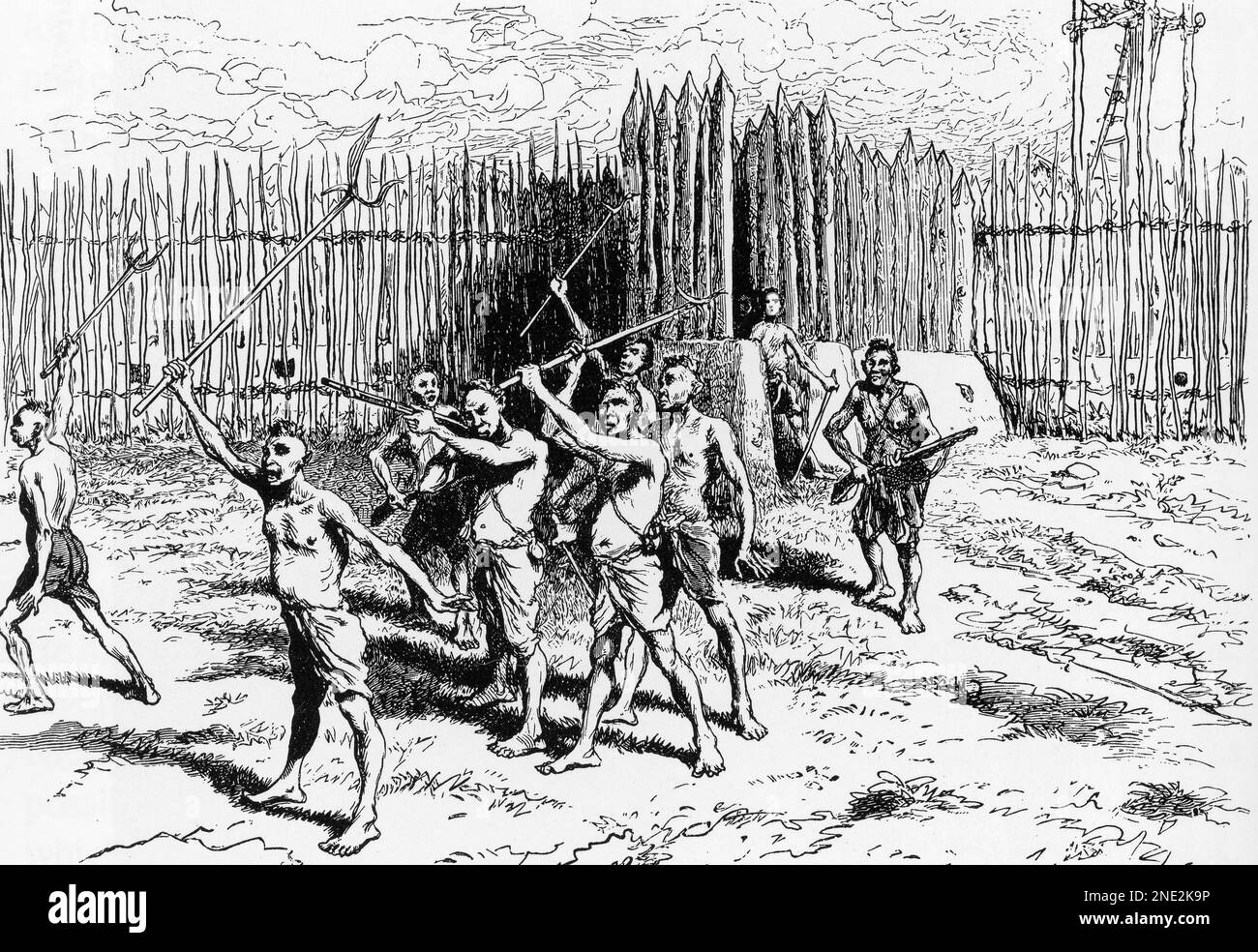 Une alerte – les autochtones laotiens se préparent à défendre Muong Ngan contre l'attaque; croquis d'Eugene Burnand (c.1882) Banque D'Images