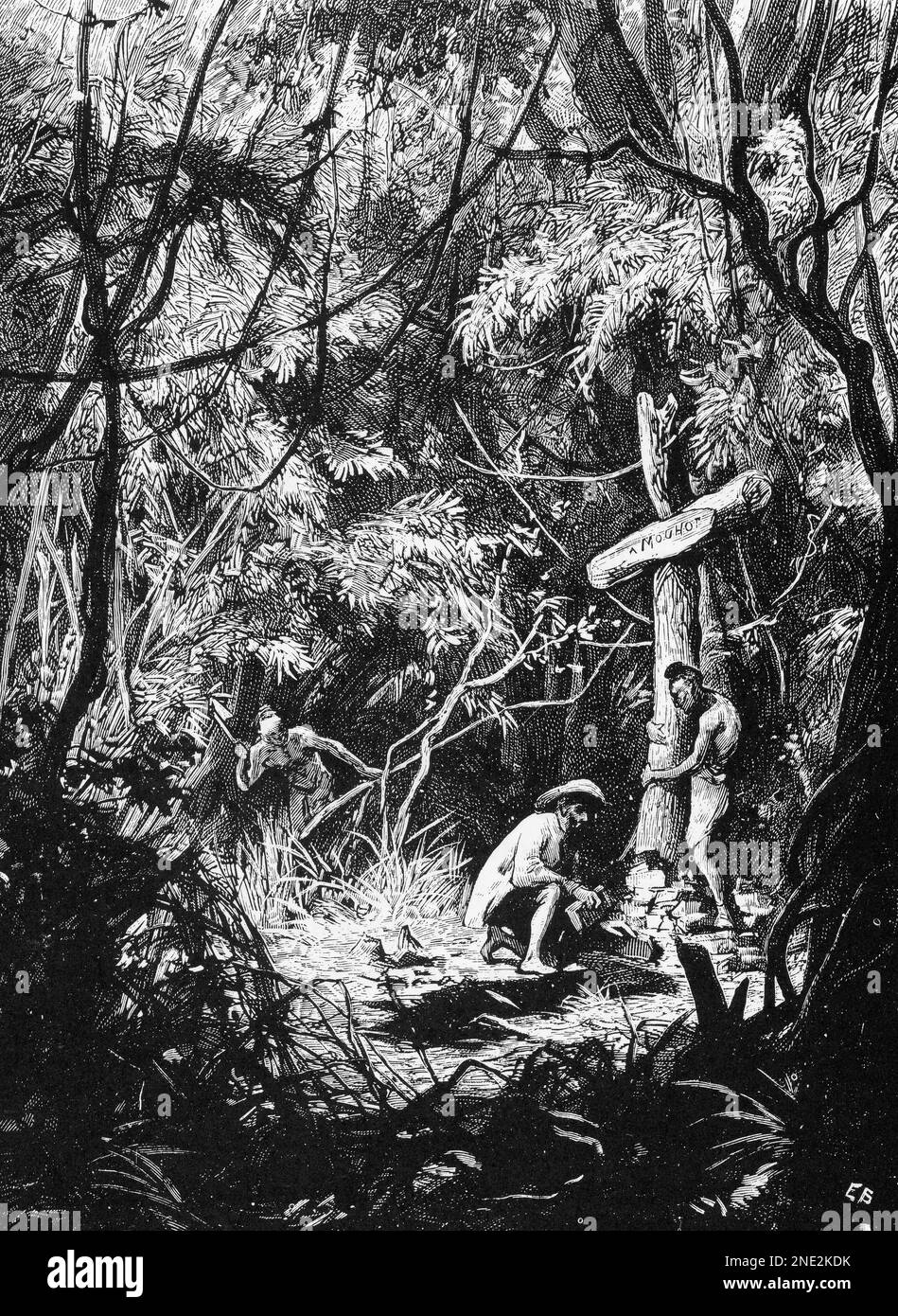 La tombe d'Henri Mouhot (1826–1861, botaniste français et explorateur célèbre pour avoir popularisé Angkor Wat) près de Luang Prabang au Laos; croquis d'Eugene Burn Banque D'Images