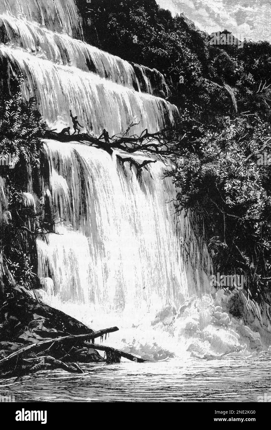 Les énormes chutes de Nam se au Laos; croquis d'Eugene Burnand (c.1881). Banque D'Images