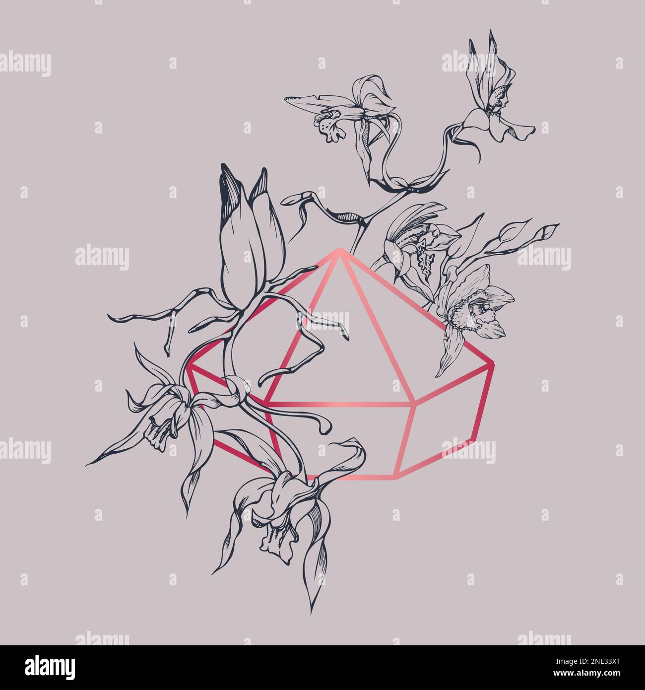 Fleurs et branches d'orchidées à encre vectorielle dessinées à la main, monochrome, contour détaillé. Composition en cristal. Couleur magenta Viva. Design pour mur Illustration de Vecteur
