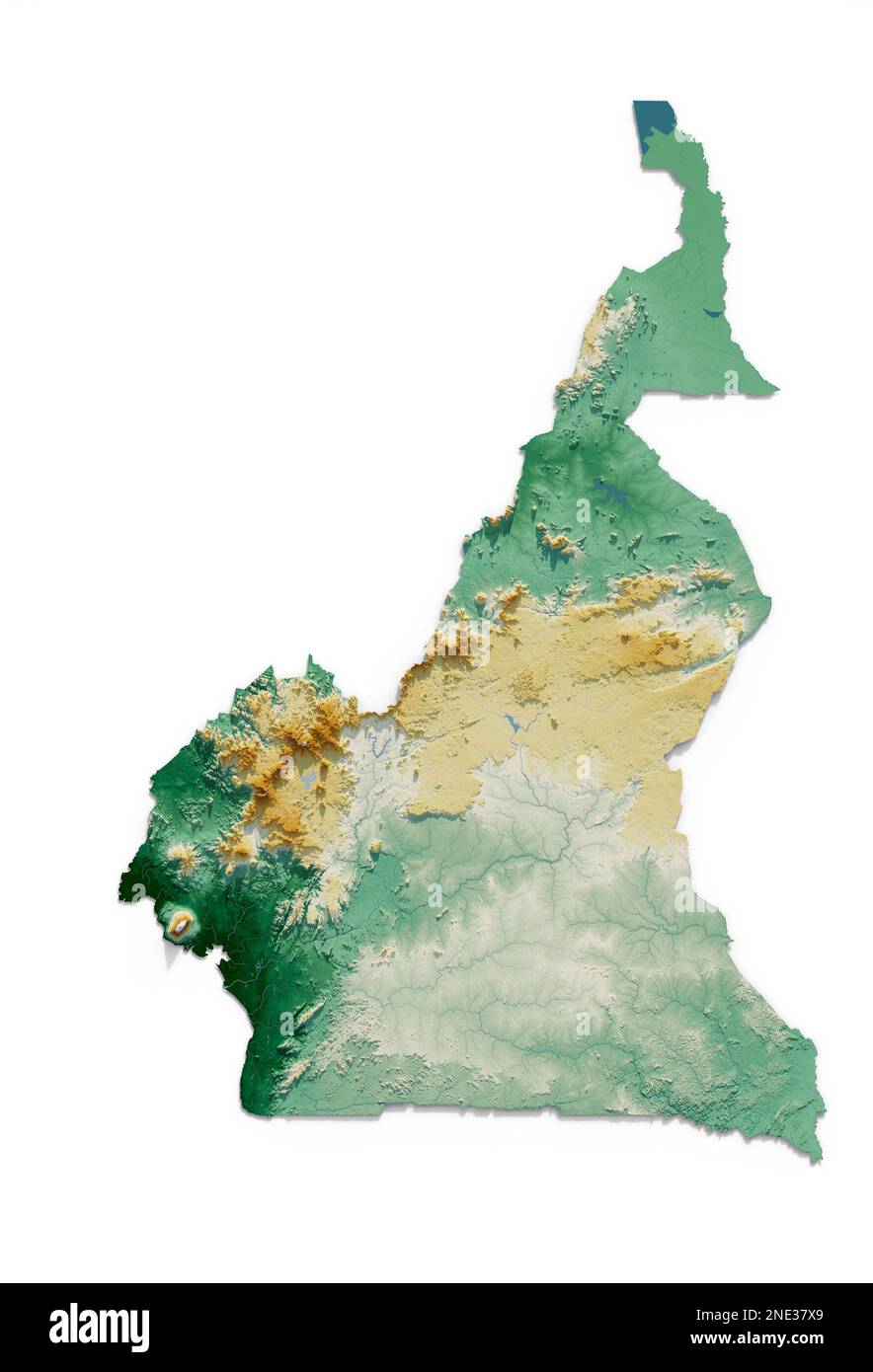 Cameroun. Rendu 3D très détaillé de la carte de relief ombré avec les rivières et les lacs. Coloré par élévation. Créé avec des données satellite. Banque D'Images