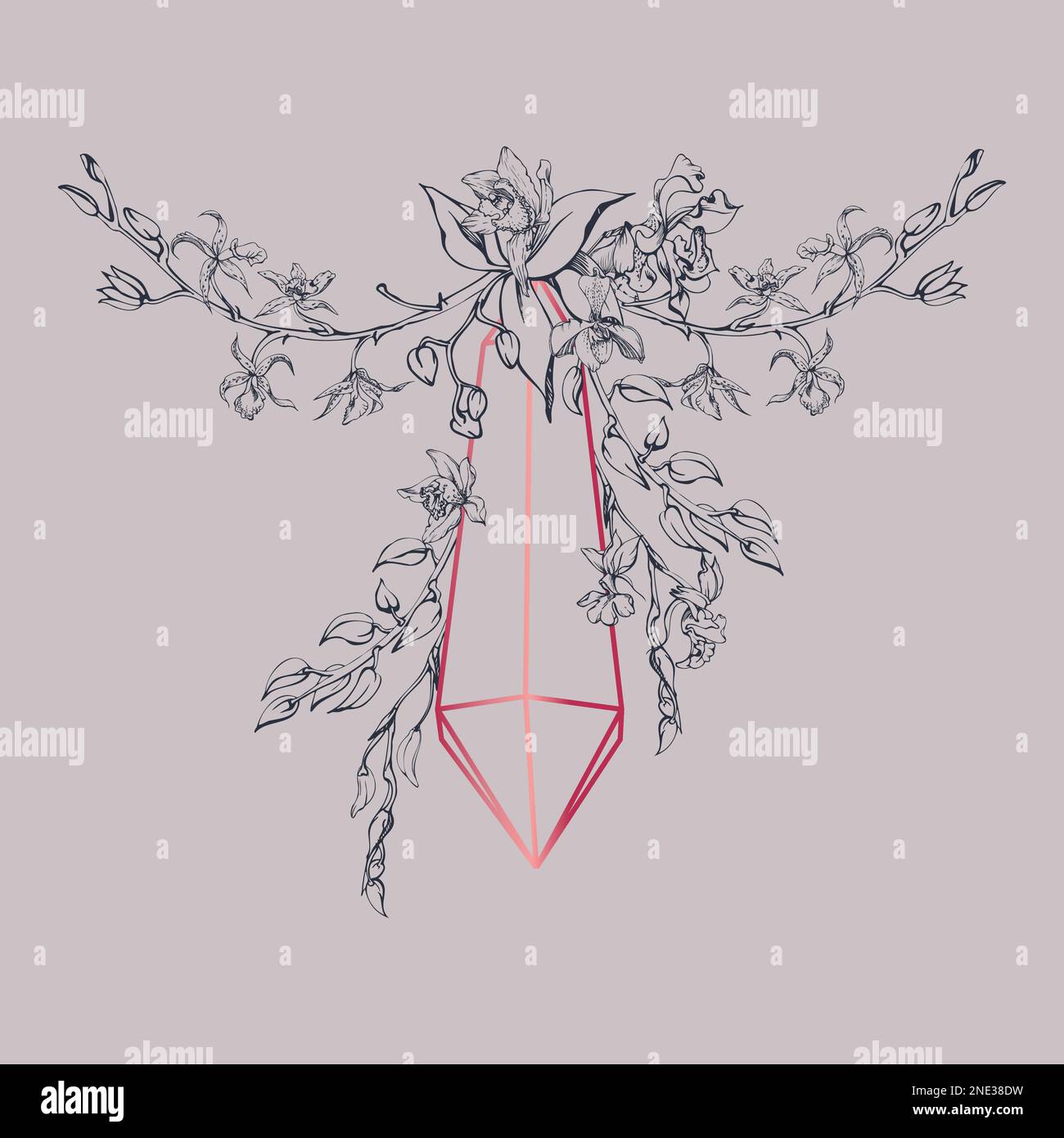 Fleurs et branches d'orchidées à encre vectorielle dessinées à la main, monochrome, contour détaillé. Composition en cristal. Couleur magenta Viva. Design pour mur Illustration de Vecteur
