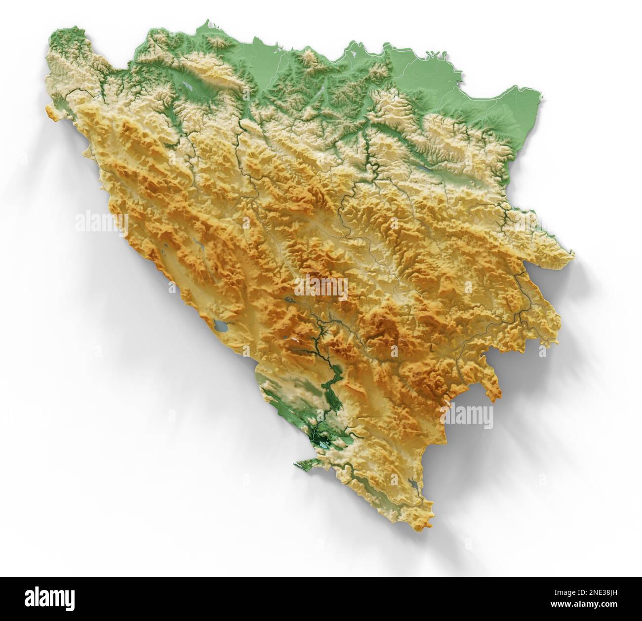 Bosnie-Herzégovine. Rendu 3D très détaillé de la carte de relief ombré avec les rivières et les lacs. Coloré par élévation. Créé avec des données satellite. Banque D'Images