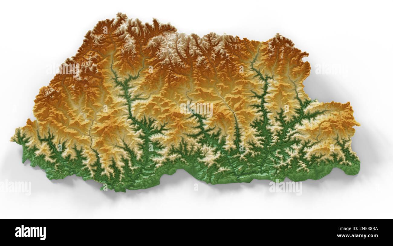 Bhoutan. Rendu 3D très détaillé de la carte de relief ombré avec les rivières et les lacs. Coloré par élévation. Créé avec des données satellite. Banque D'Images