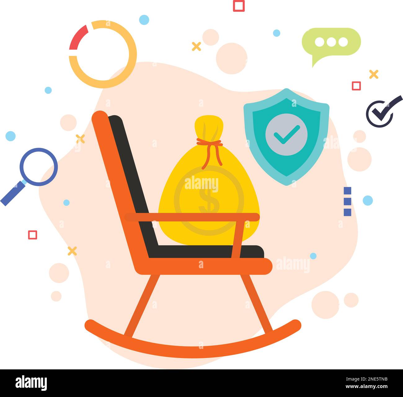 Chaise à bascule avec sac d'argent et bouclier de protection vecteur de couleur conception d'icône, concept de programme de retraite, symbole hrm, signe hr, illustration stock de pension Illustration de Vecteur