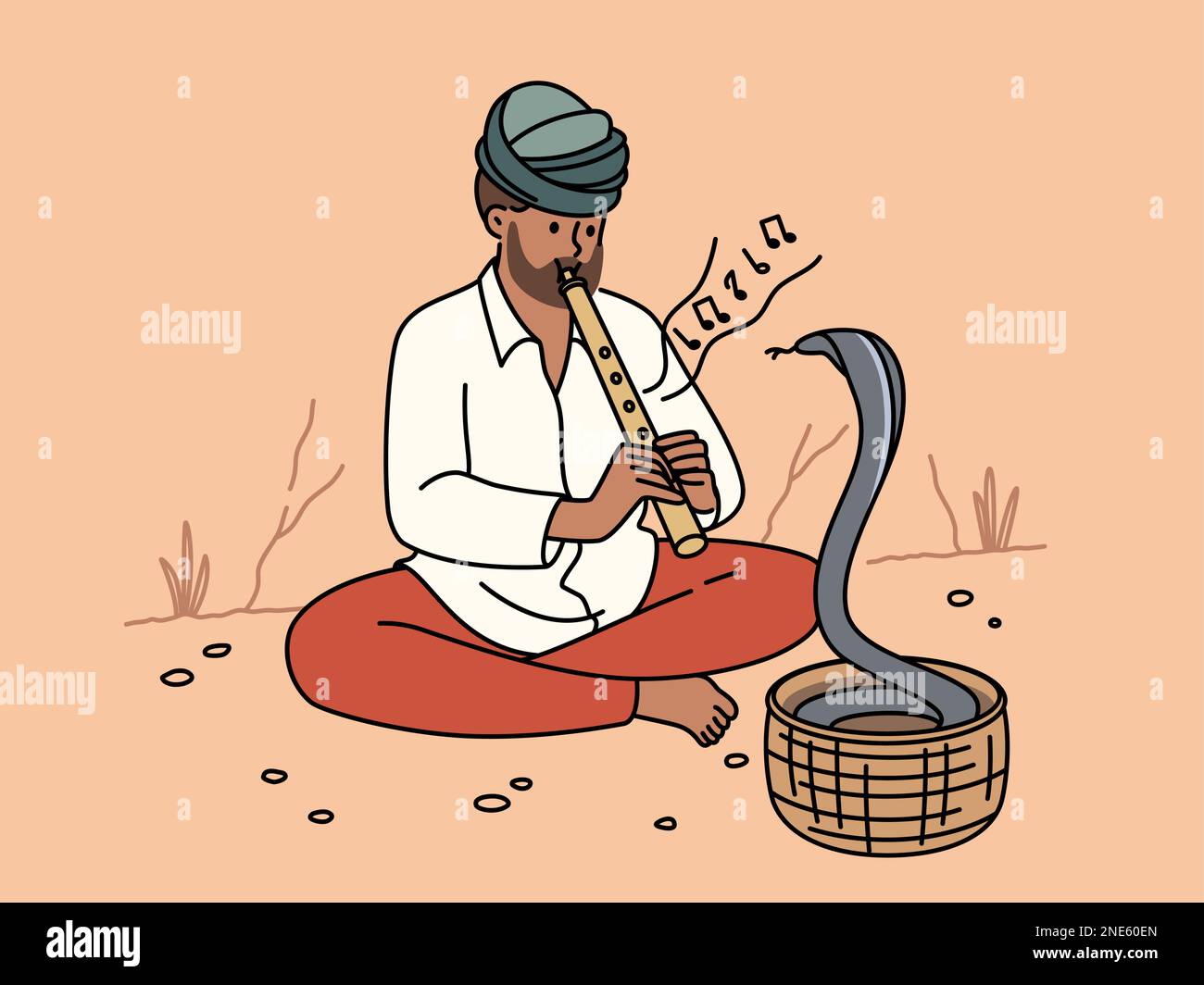 Homme en turban jouant sur la flûte avec cobra dansant dans le panier. Le charmeur de serpent joue un instrument de musique pour hypnotiser. Illustration vectorielle. Illustration de Vecteur