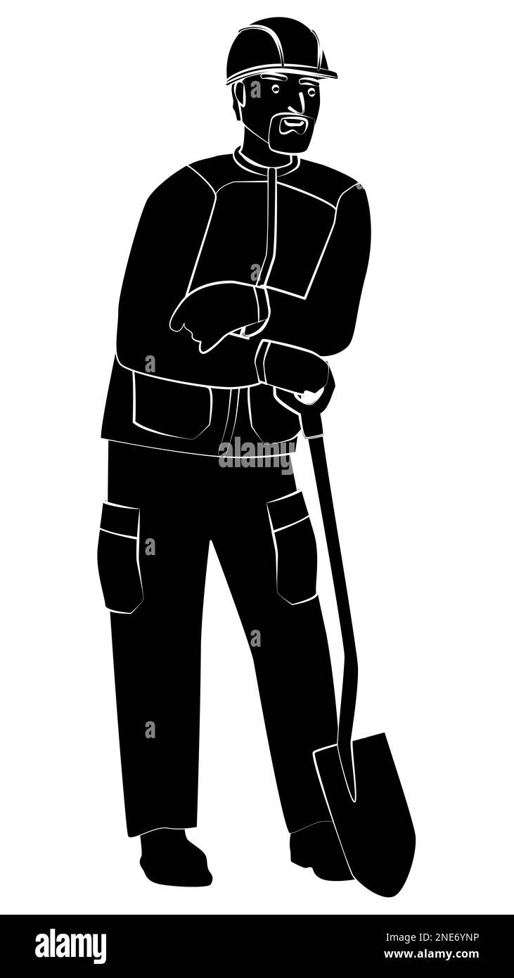 Silhouette de l'homme dans les vêtements de travail et le casque dur se tient debout sur la pelle, isolé sur blanc. Elément de conception vectoriel. Banque D'Images
