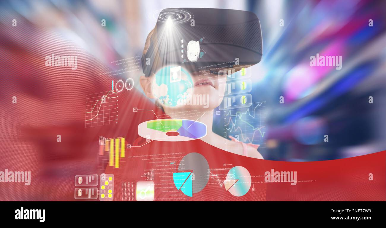 Composition d'icônes numériques et traitement de données avec une fille portant un casque vr Banque D'Images