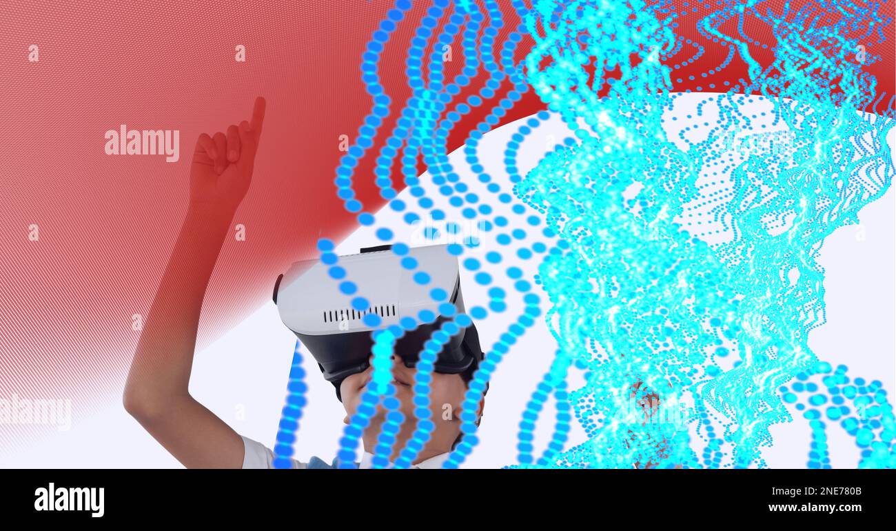 Composition de pistes lumineuses numériques avec un garçon portant un casque vr Banque D'Images