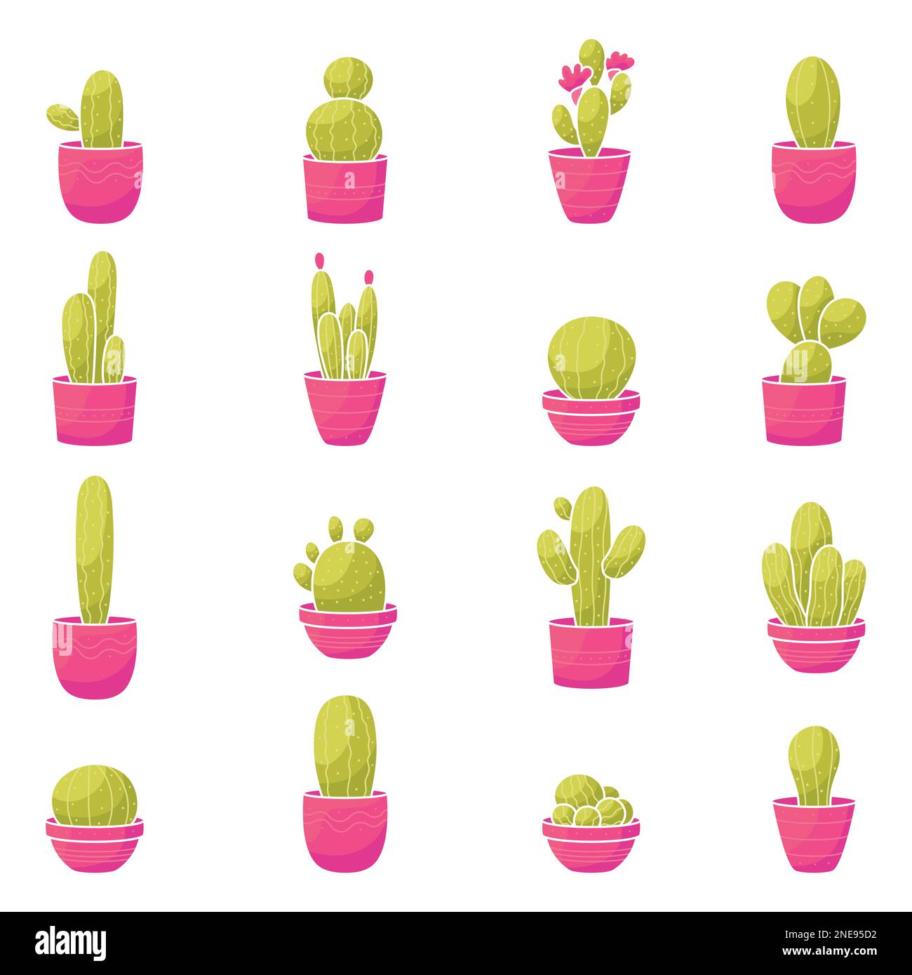 Ensemble Cactus. Une collection de jolies plantes plates minimalistes dans des pots. Illustrations clipart de dessin animé simples à imprimer sur des autocollants. Logos et emblèmes pour un Illustration de Vecteur