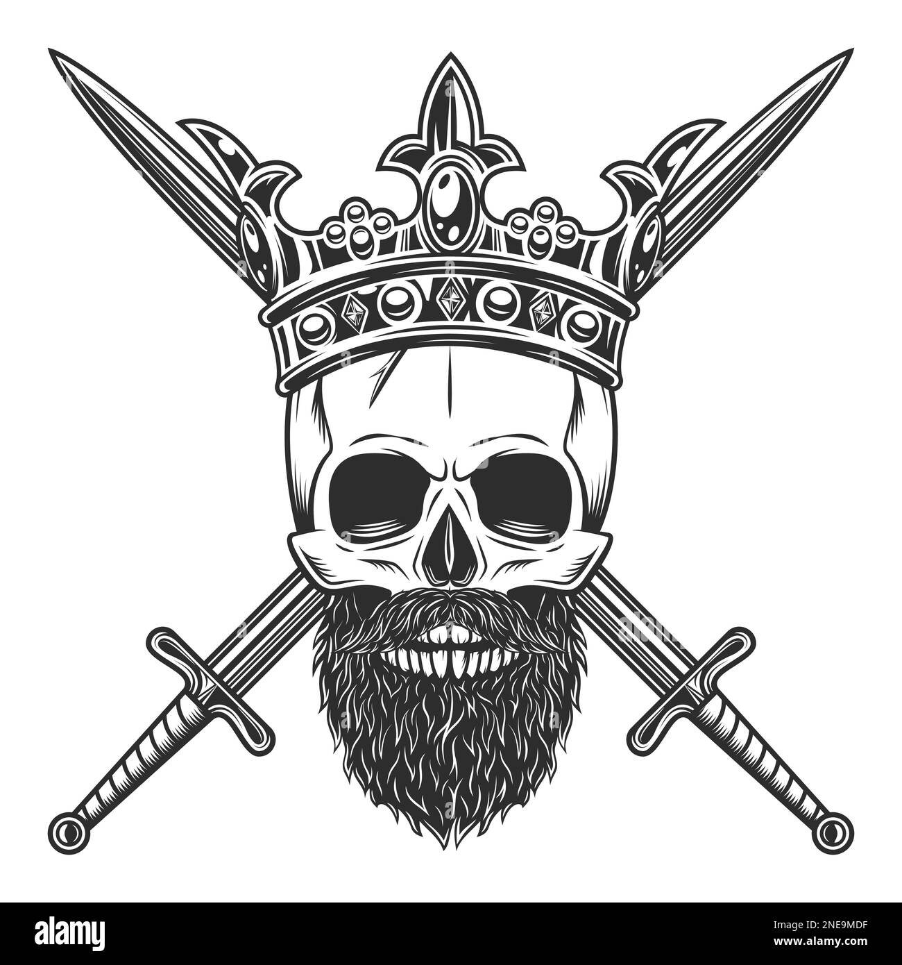 Crâne dans la couronne royale avec moustache et barbe et épée croisée isolé sur fond blanc illustration monochrome Illustration de Vecteur