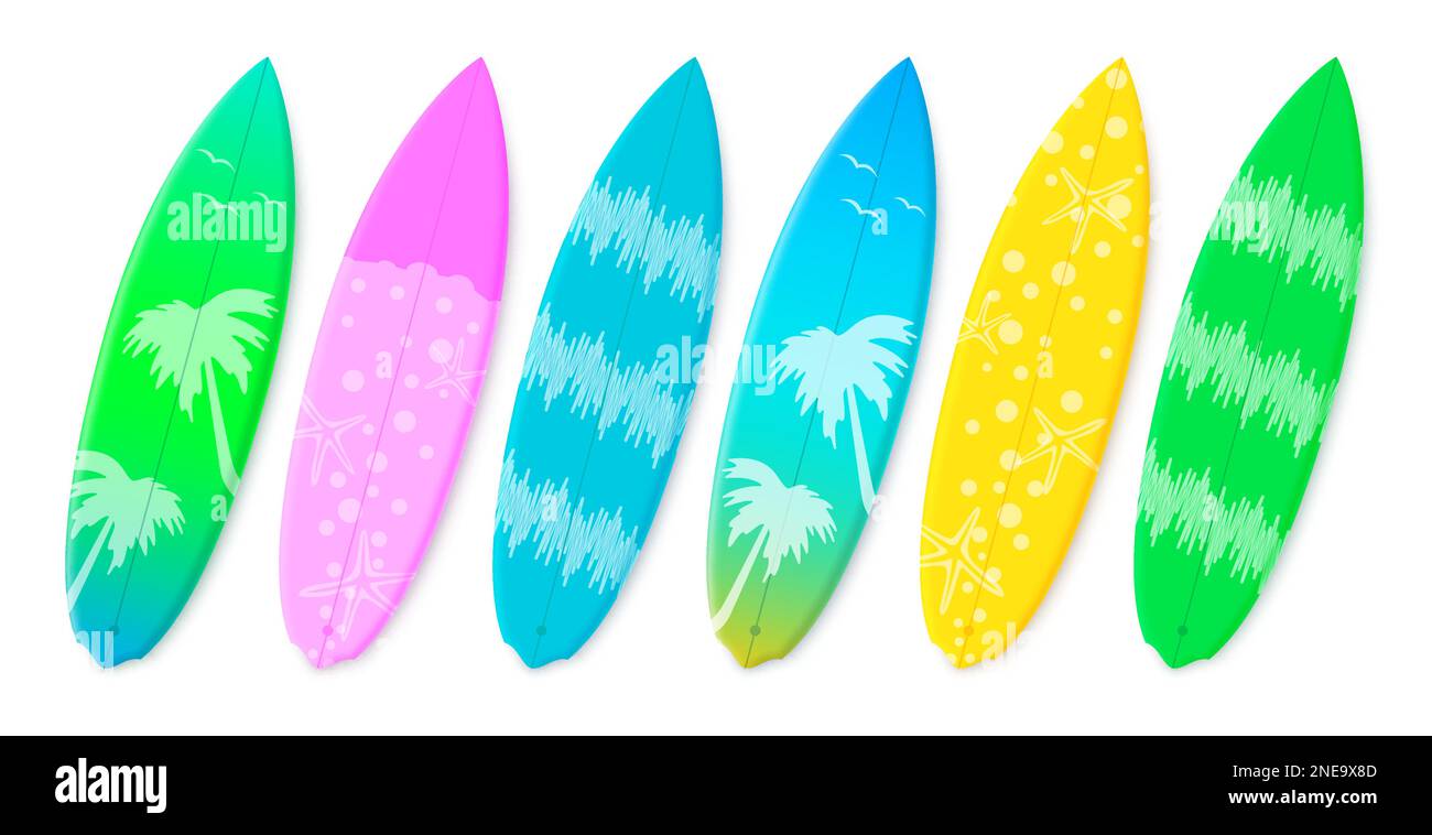 Ensemble de planches de surf d'été. Élément de planche de surf d'été avec motif et design colorés. Collection d'éléments d'été pour illustrations vectorielles. Illustration de Vecteur
