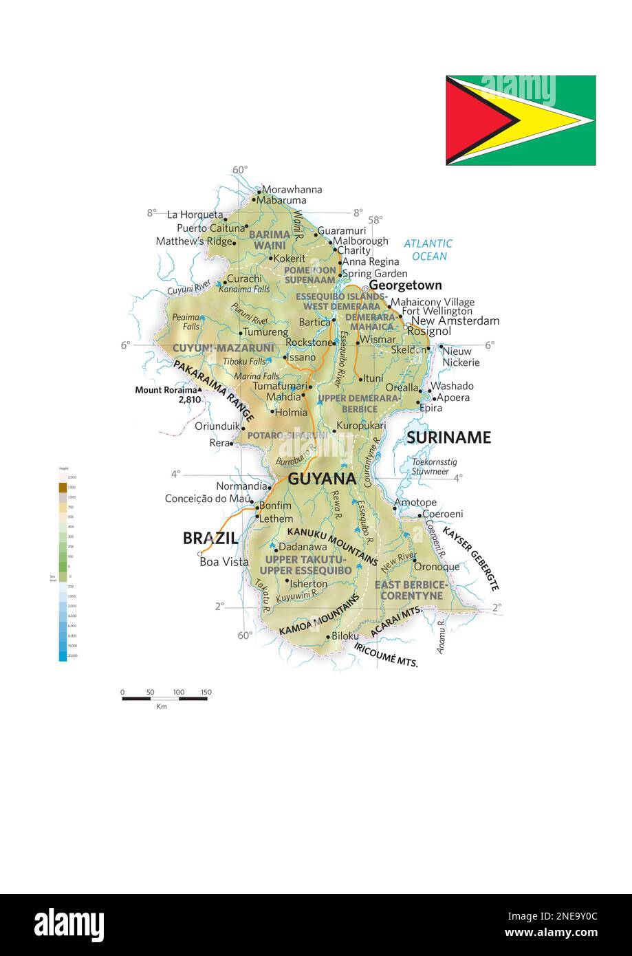 Carte physique et politique du Guyana. [Adobe Illustrator (.ai); 2480x3507]. Banque D'Images