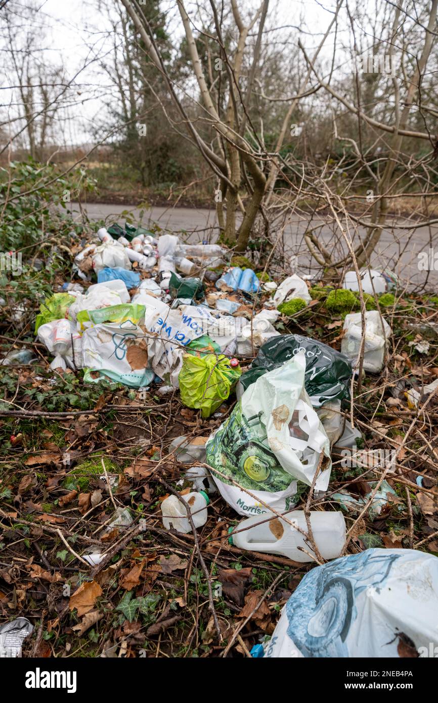 Litière jetée dans une zone boisée dans une layette sur un bord de route, Cumbria, Royaume-Uni. Banque D'Images Litière jetée dans une zone boisée dans une layette sur un bord de route, Cumbria, Royaume-Uni. Banque D'Images