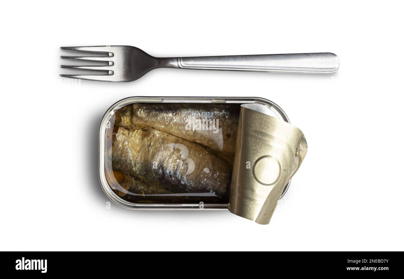 La sardine ouverte conserve la boîte de poisson et la fourchette d
