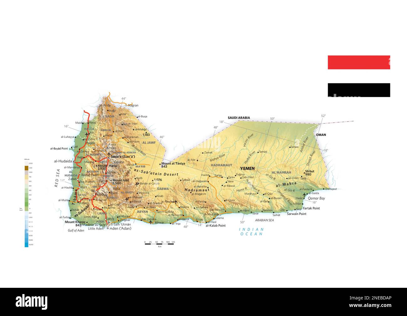 Carte physique et politique du Yémen. [Adobe Illustrator (.ai); 3507x2480]. Banque D'Images