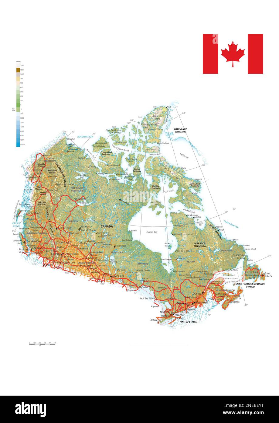 Carte physique et politique du Canada. [Encapsulated PostScript File (.eps); 2480x3507]. Banque D'Images