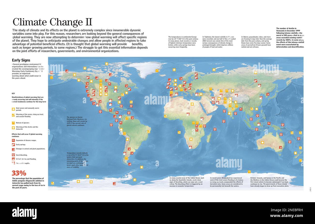 Infographie sur les conséquences environnementales et météorologiques des changements climatiques dans le monde entier. [QuarkXPress (.qxp); 6259x4015]. Banque D'Images