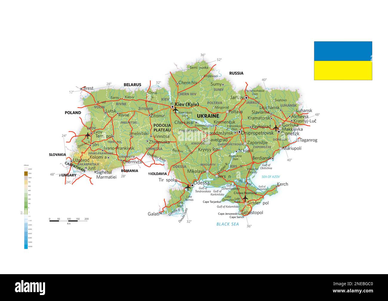 Carte physique et politique de l'Ukraine. [Adobe Illustrator (.ai); 3507x2480]. Banque D'Images