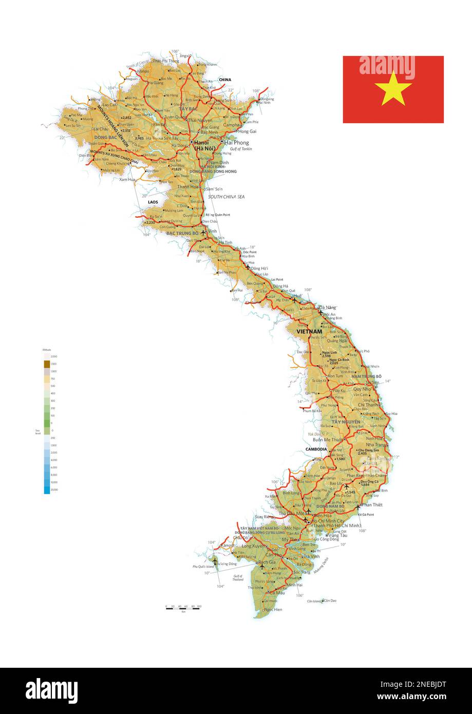 Carte physique et politique du Vietnam. [Adobe Illustrator (.ai); 2480x3507]. Banque D'Images