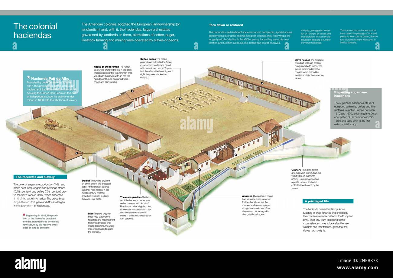 Infographie sur la structure et le fonctionnement des haciendas, les grands domaines ruraux gérés par les propriétaires des Amériques coloniales. [Adobe InDesign (.indd); 5078x3248]. Banque D'Images