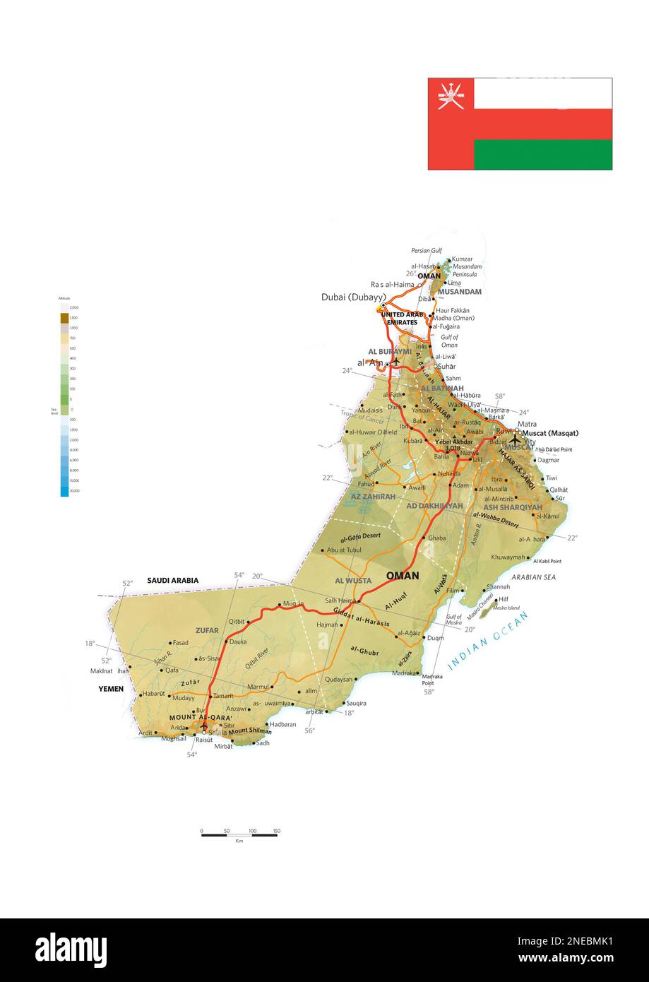 Carte physique et politique d'Oman. [Adobe Illustrator (.ai); 2480x3507]. Banque D'Images