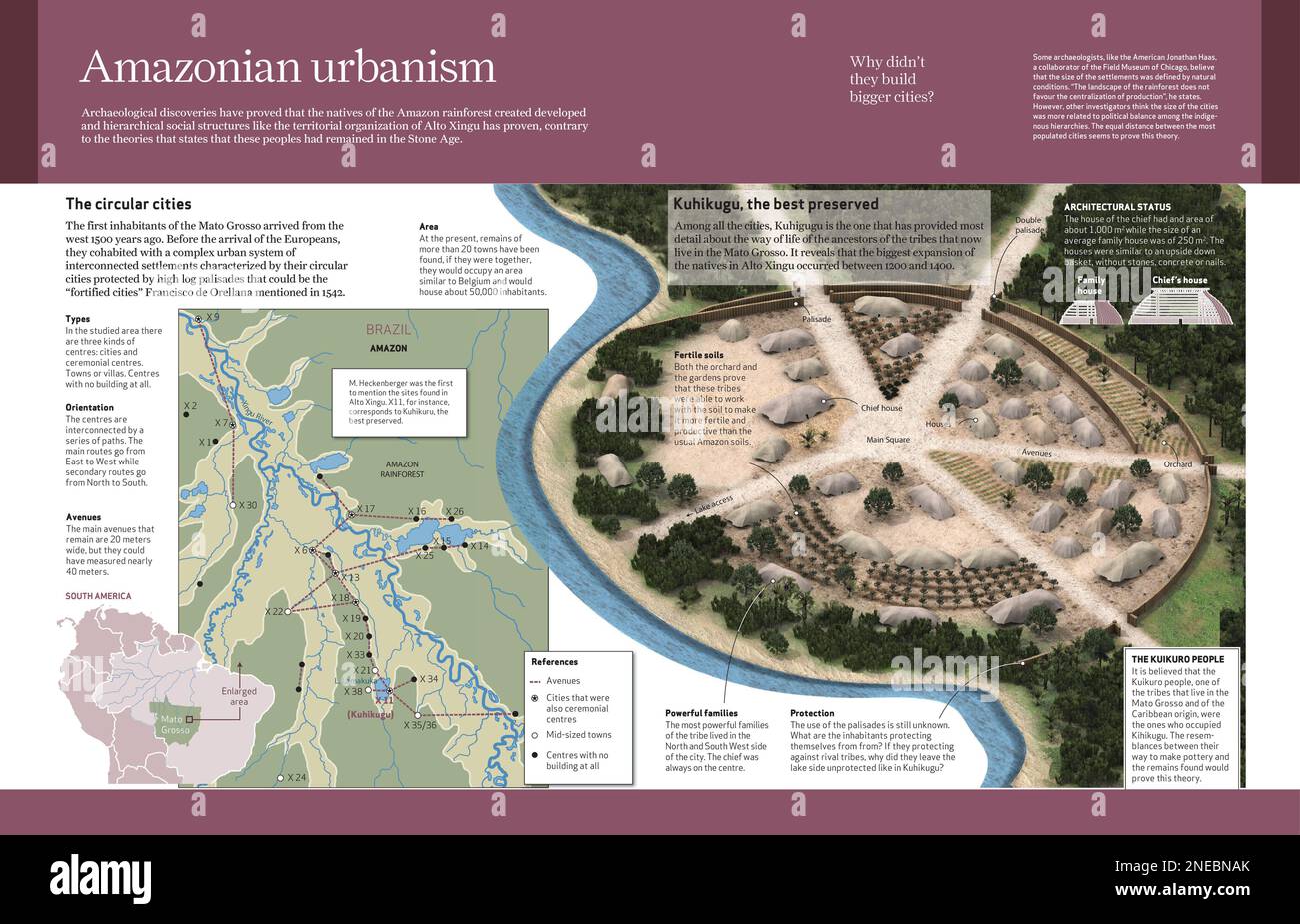 Graphiques informatiques sur les sites archéologiques trouvés dans la région de Mato Grosso dans la forêt amazonienne qui confirment l'existence de structures sociales avancées dans la région. [Adobe InDesign (.indd); 4960x3188]. Banque D'Images