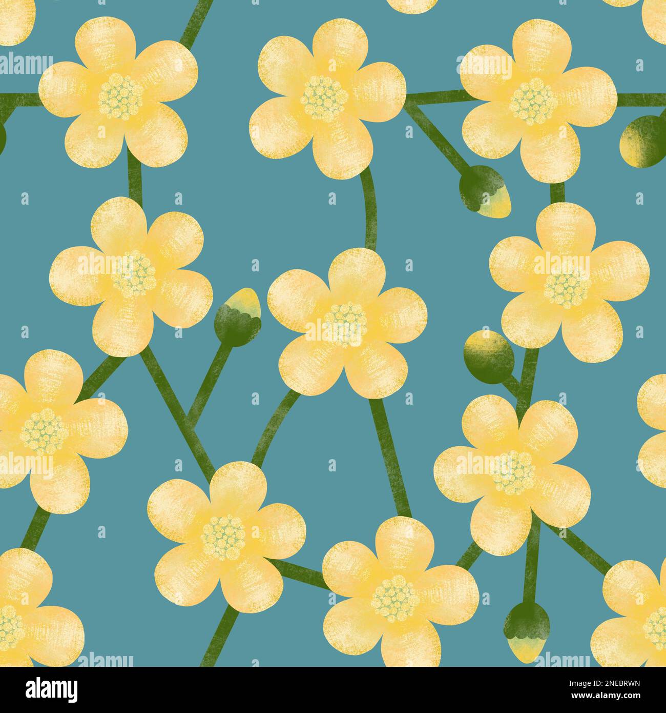 Fleurs jaunes sur fond bleu. Motif brillant sans couture. Fleurs texturées dessinées à la main avec boutons et tiges pour un imprimé mode Banque D'Images