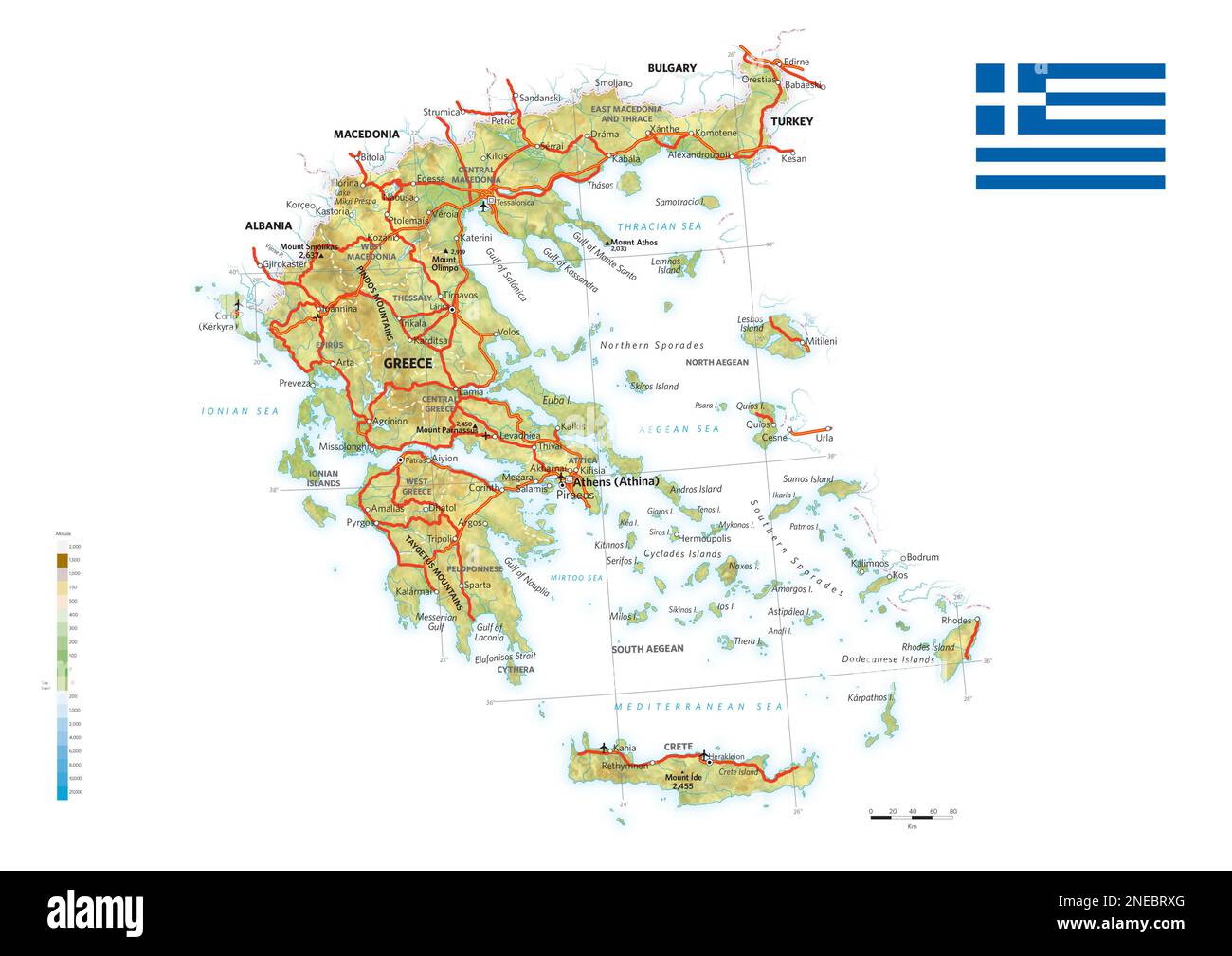 Carte physique et politique de la Grèce. [Adobe Illustrator (.ai); 3507x2480]. Banque D'Images