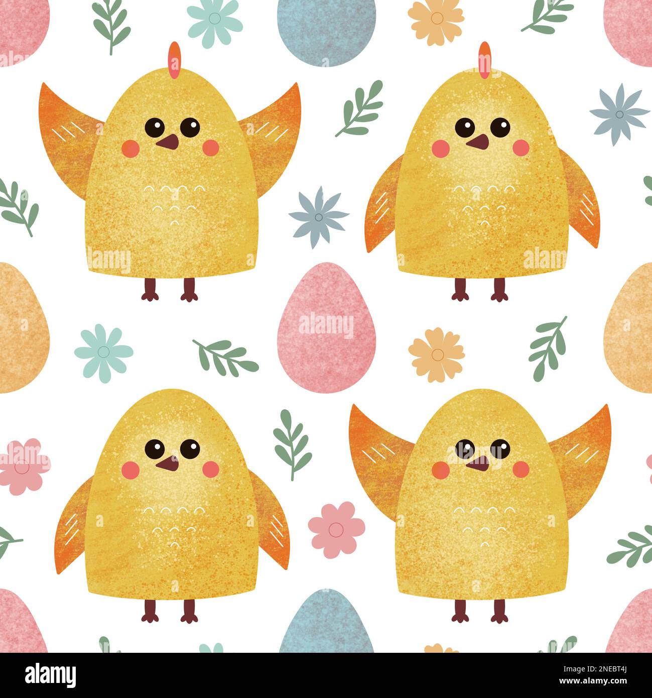 Poulet de Pâques et œufs sans couture. Les oiseaux jaunes texturés dessinés à la main herbacent des fleurs et des œufs sur fond blanc Banque D'Images