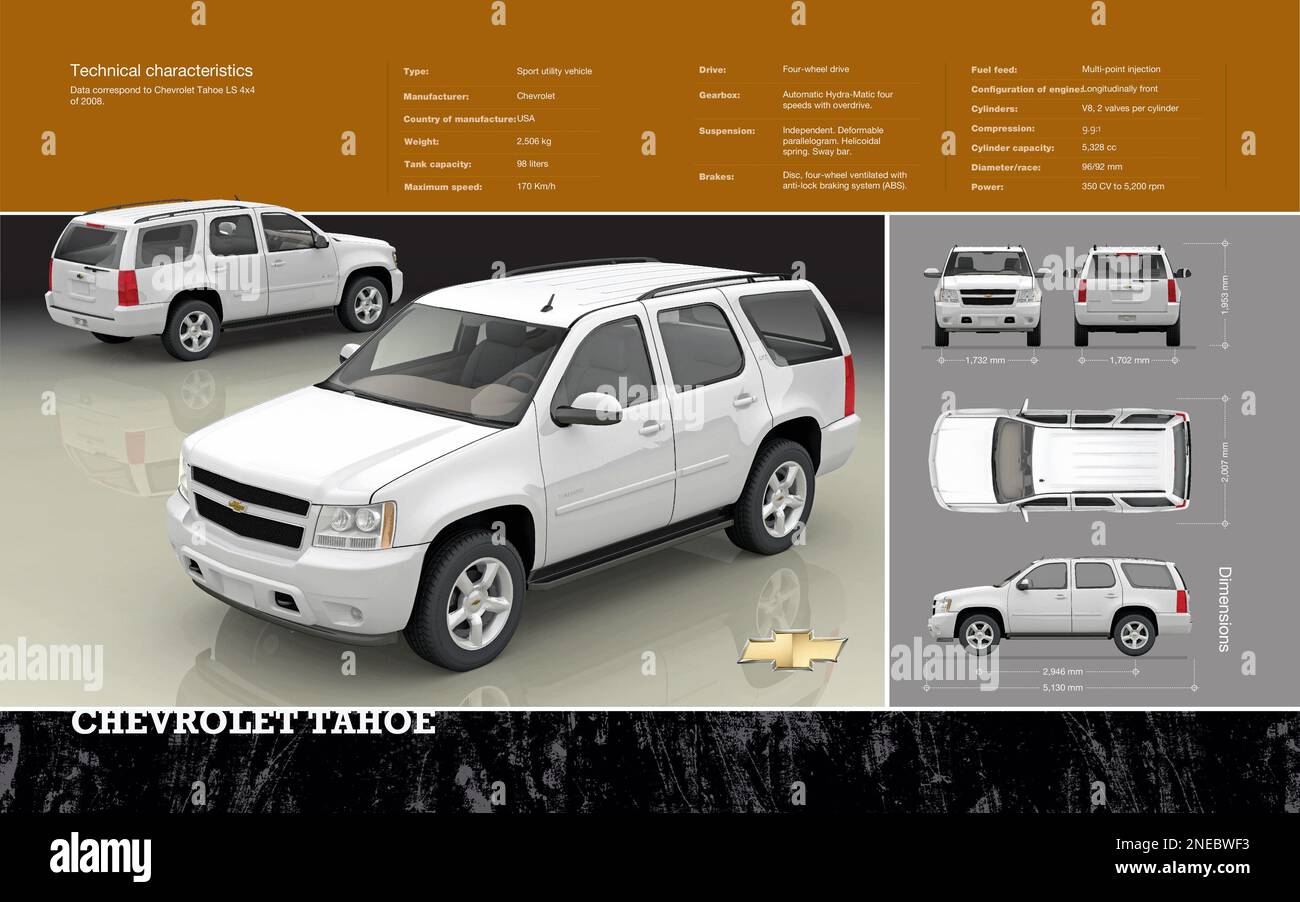 Graphiques informatiques sur les caractéristiques techniques et la taille du Tahoe LS 4x4 2008 de Chevrolet. [Encapsulated PostScript File (.eps); 5196x3248]. Banque D'Images