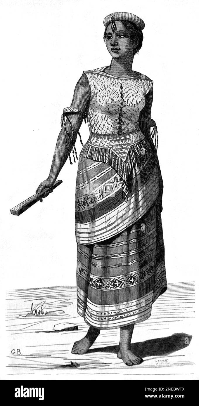 Femme indonésienne portant un costume traditionnel ou une robe ethnique des îles de Rote et de Sunda en Indonésie. Gravure ancienne de l'illustration 1862 Banque D'Images