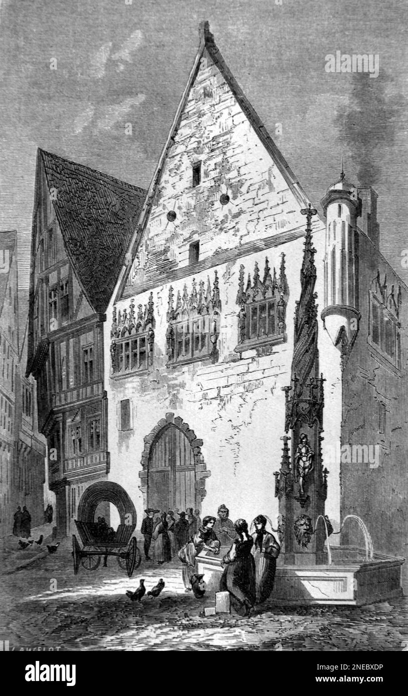 Hôtel de ville médiéval, Hôtel de ville ou Hôtel de ville dans la vieille ville ou quartier historique Ulm Baden-Württemberg Allemagne. Gravure ancienne ou illustration 1862 Banque D'Images
