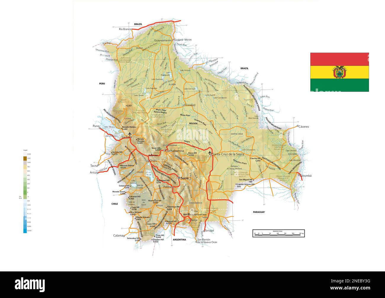 Carte physique et politique de la Bolivie. [Encapsulated PostScript File (.eps); 2480x3507]. Banque D'Images