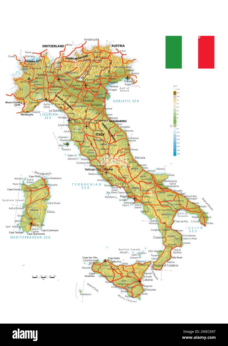 Carte physique et politique de l'Italie. [Adobe Illustrator (.ai); 2480x3507]. Banque D'Images