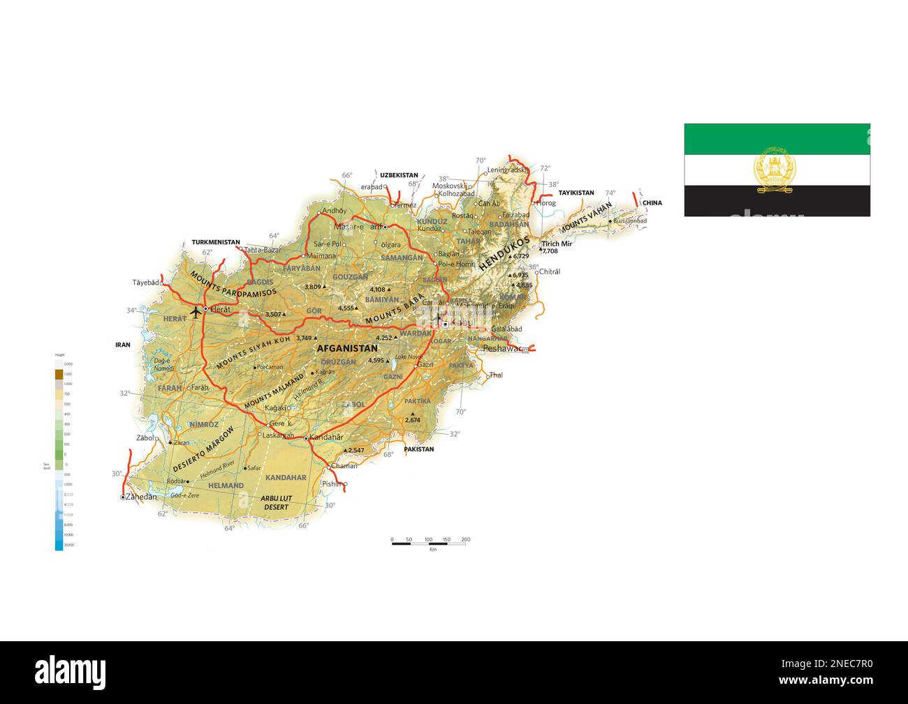Carte physique et politique de l'Afghanistan. [Adobe Illustrator (.ai); 3507x2480]. Banque D'Images
