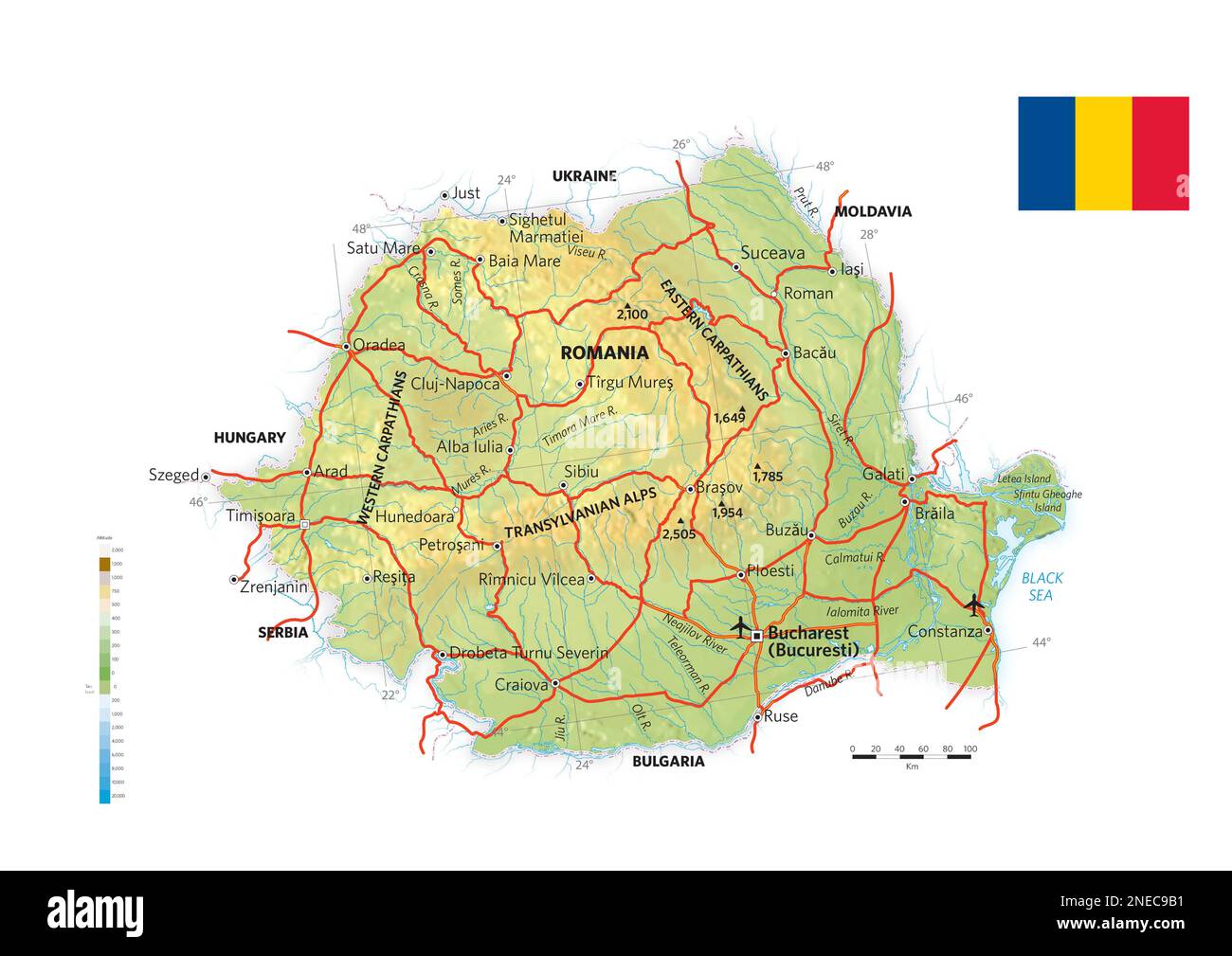 Carte physique et politique de la Roumanie. [Adobe Illustrator (.ai); 3507x2480]. Banque D'Images