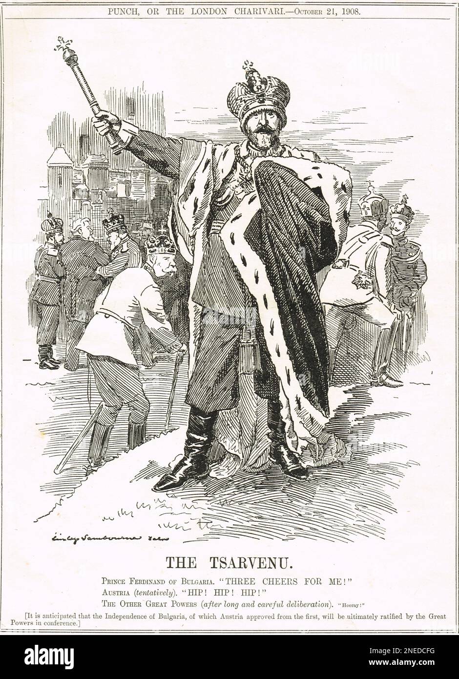 Le Tsarvenu. Prince Ferdinand de Bulgarie, Déclaration d'indépendance de la Bulgarie. Ferdinand prit plus tard le titre de Tsar. Dessin animé par Edward Linley Sambourne de 1908 Banque D'Images