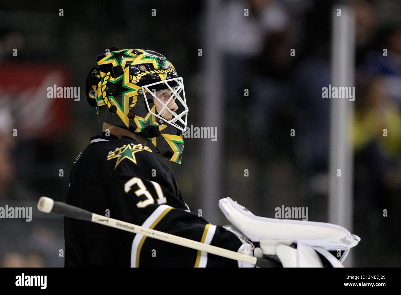 Dallas Stars goalie Alex Auld (31) during an NHL hockey game against the Calgary Flames, Wednesday, Jan. 27, 2010, in Dallas. (AP Photo/Tony Gutierrez) Banque D'Images