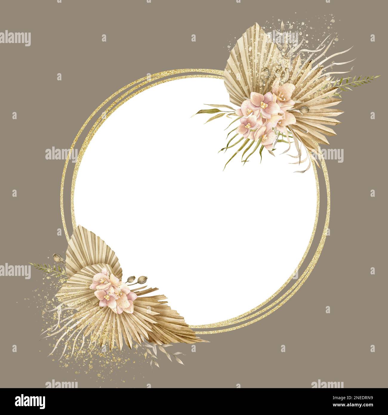 Modèle à motif aquarelle et motif floral de style bohémien. Illustration dessinée à la main avec des fleurs d'orchidées et des feuilles de palmier sèches pour des cartes de vœux ou des invitations de mariage. Couronne bohème tropicale à texture dorée. Banque D'Images