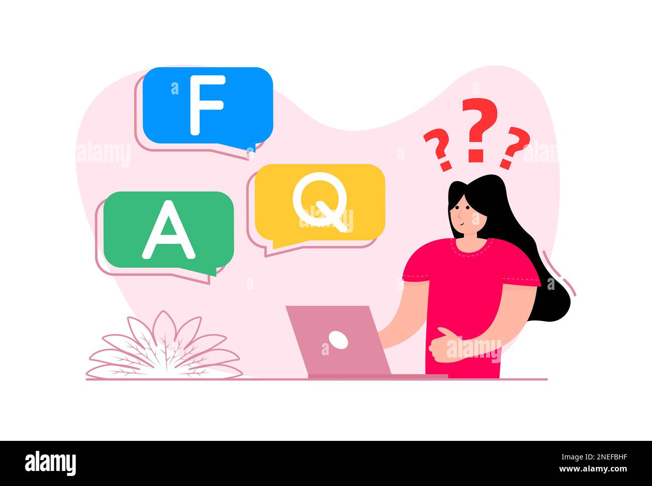 Une femme se tient près du smartphone, sur l'écran bulle questions posées FAQ. Illustration de Vecteur