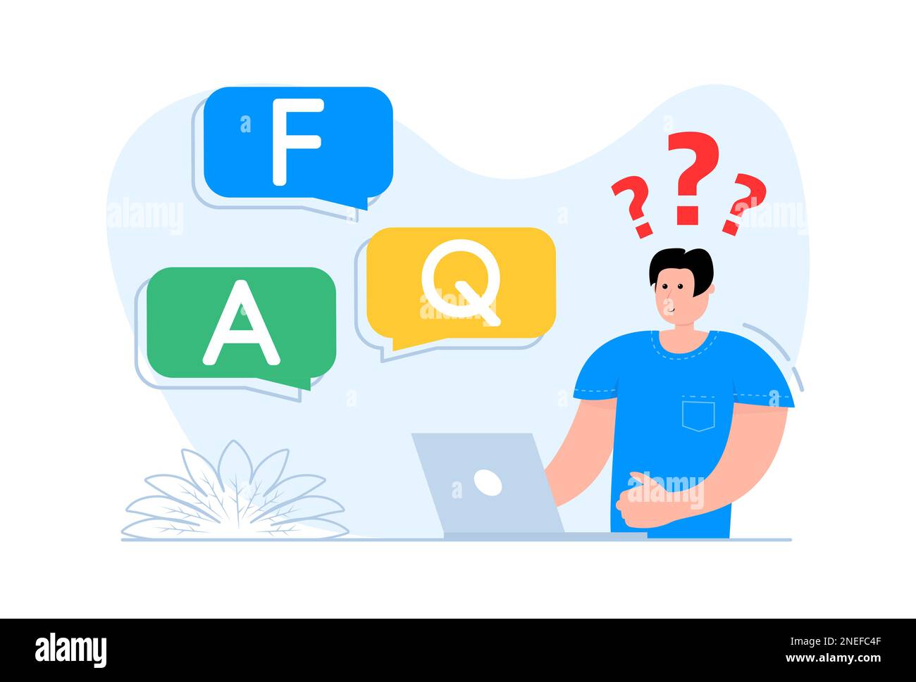 Un homme se tient près du smartphone, sur la bulle d'écran Foire aux questions FAQ. Illustration de Vecteur