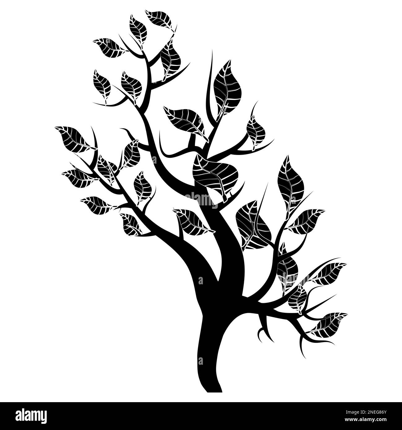 Silhouette noire de jeune pousse d'arbre avec des feuilles isolées sur blanc. Elément de conception vectoriel. Banque D'Images