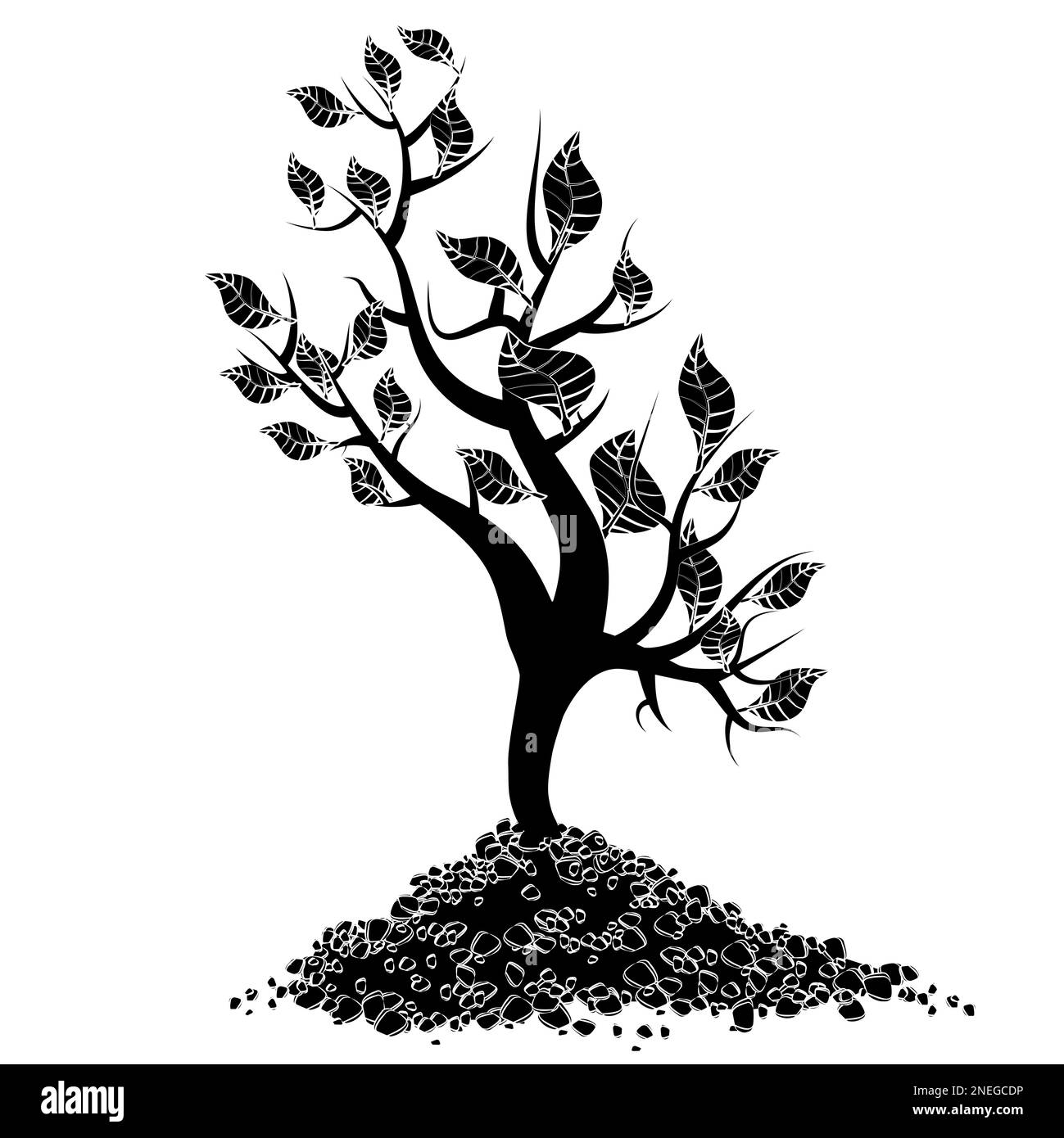 Silhouette noire d'une jeune pousse d'arbre avec des feuilles en tas de sol isolées sur blanc. Elément de conception vectoriel. Banque D'Images