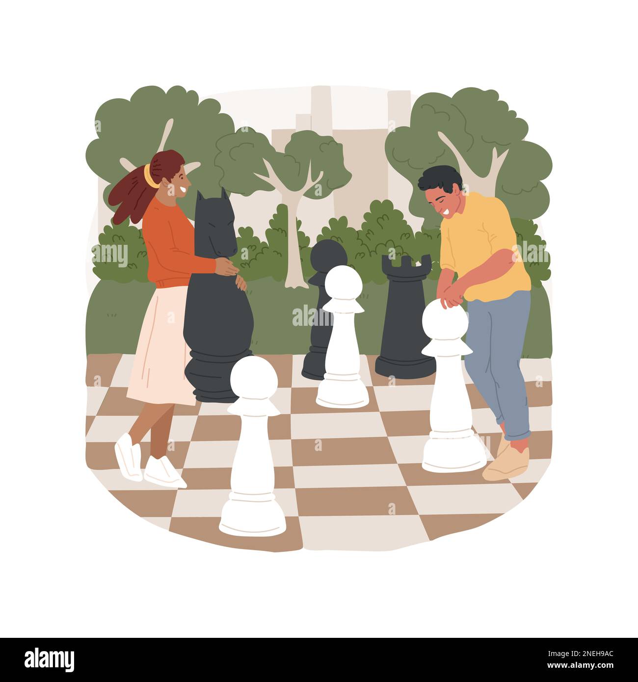 Illustration vectorielle de dessin animé isolée d'échecs de rue géante. Diverses personnes déplaçant des figures géantes d'échecs, s'amuser, jouer à un jeu de rue, parc communautaire, zone de loisirs, dessin animé vectoriel de zone urbaine. Illustration de Vecteur