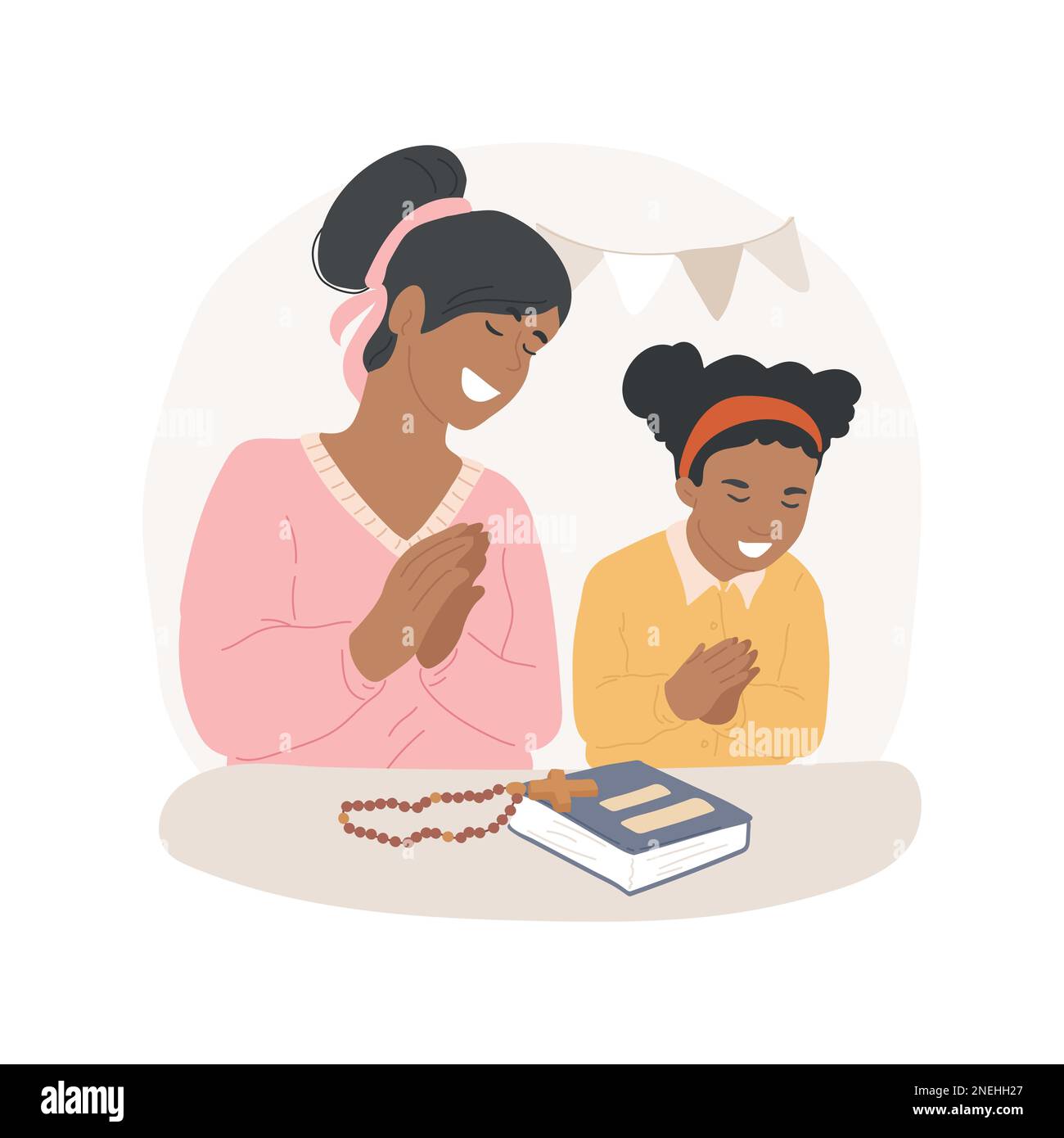 Enseigner aux enfants à prier l'illustration de vecteur de dessin animé isolé. Mère religieuse enseignant à sa fille de prier, rites chrétiens de tous les jours, mentor spirituel, caricature de vecteur de croyance éducative. Illustration de Vecteur