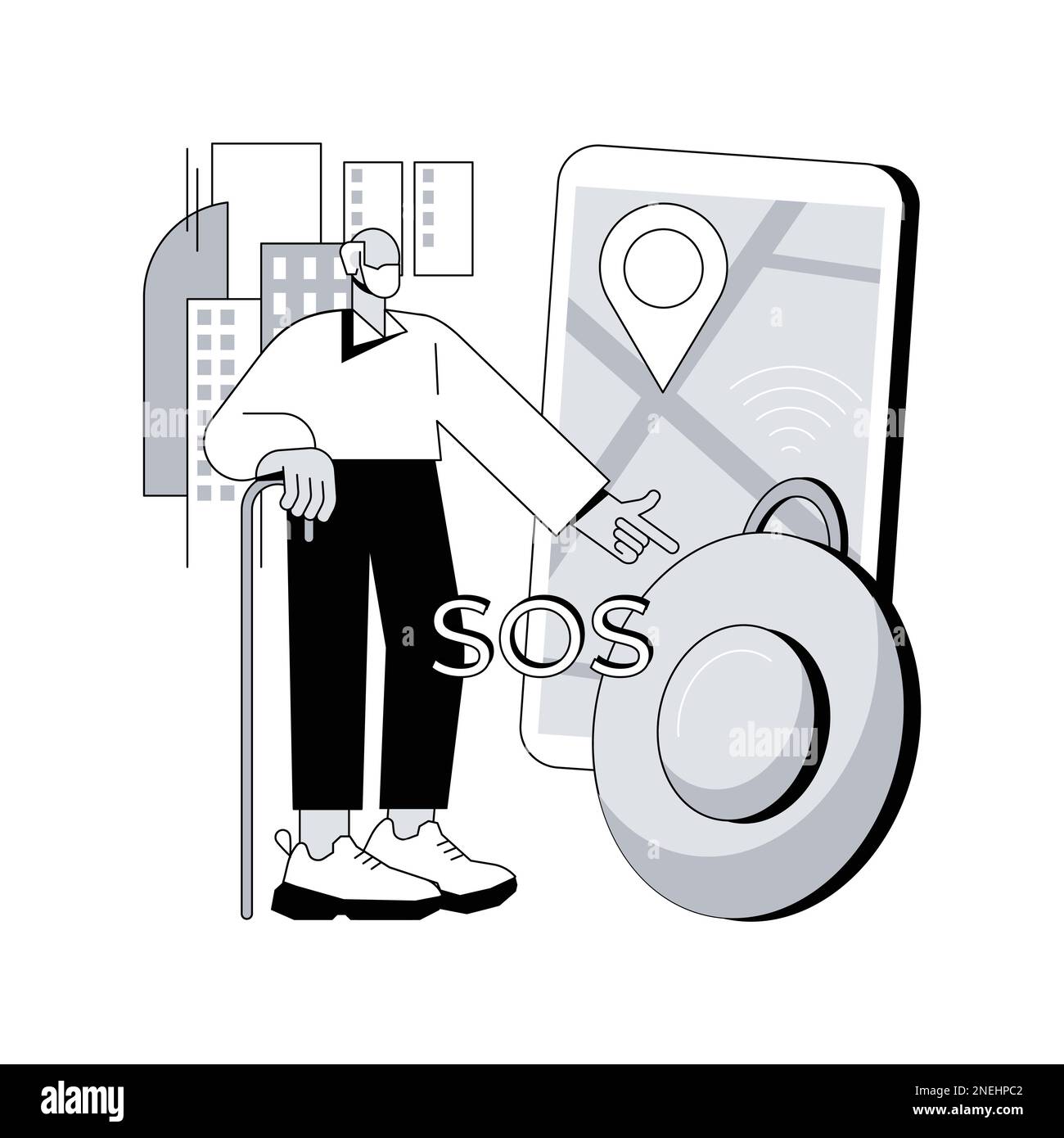 Illustration du vecteur de concept abstrait du bouton d'urgence personnel.Bouton GPS SOS intégré, solution de sécurité personnelle, appareil portable, soin de vos enfants et métaphore abstraite de la vie des aînés. Illustration de Vecteur