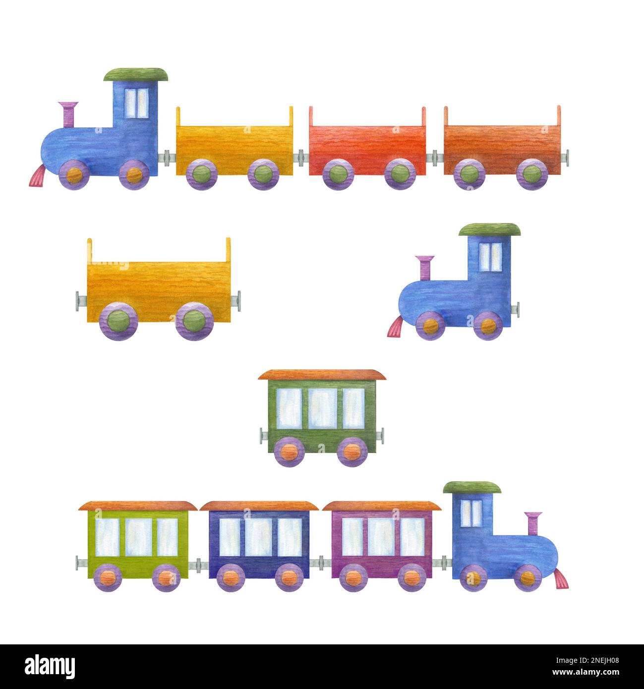 Illustration aquarelle d'un ensemble de train en bois d'enfant isolé sur fond blanc. Chambre bébé, décoration pour enfants. Matériaux écologiques jouets pour enfants. Prot Banque D'Images
