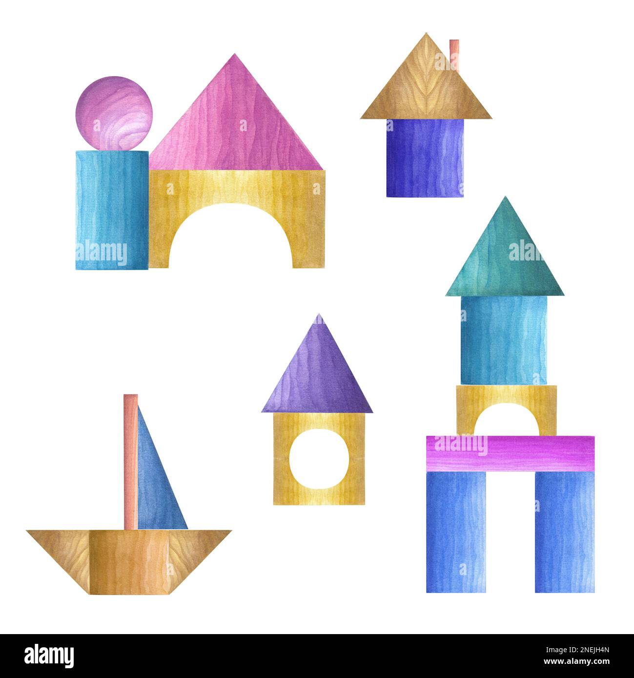 Illustration aquarelle d'un ensemble de blocs de construction en bois isolés sur fond blanc. Chambre bébé, décoration pour enfants. Matériaux écologiques jouet enfant Banque D'Images